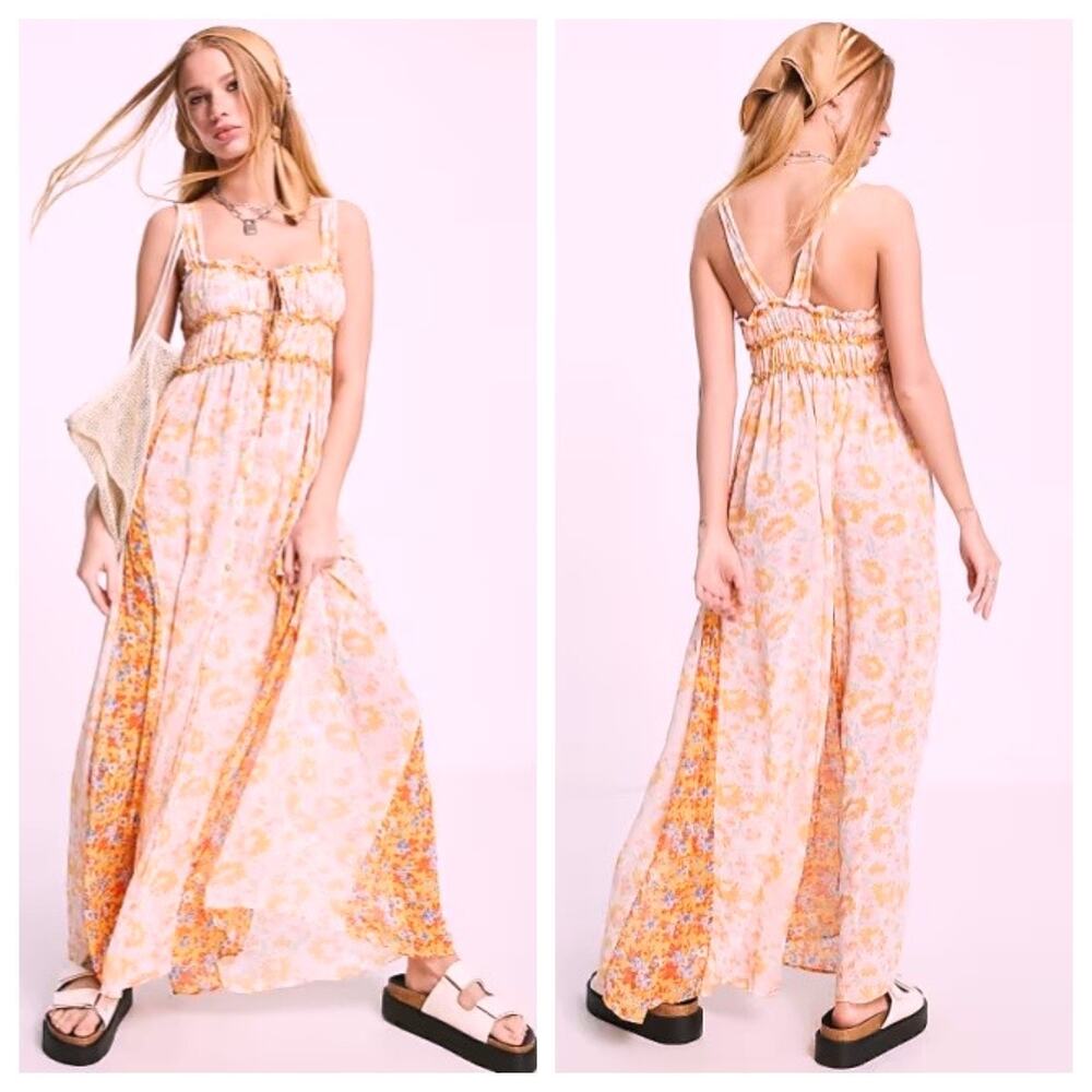 NEW Free People Dance with Me Maxi Dress L Floral Sheer Button Front Strap Boho - Picture 2 of 13